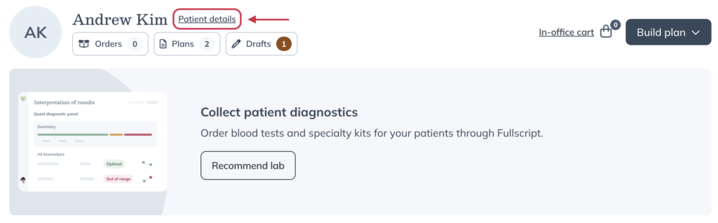 A patient profile with the Patient details button highlighted.